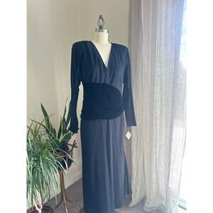 Emanuel Ungaro Women’s 14 Dress Black Wool Gathered Gown Velvet Pleated Italy